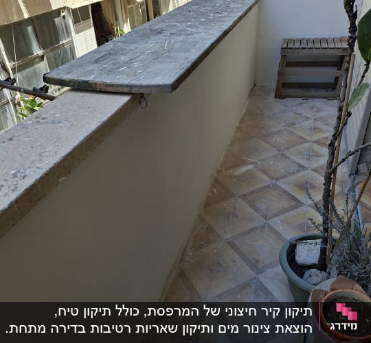 מרפסת עם רצפת אריחים וצמחים בעציצים